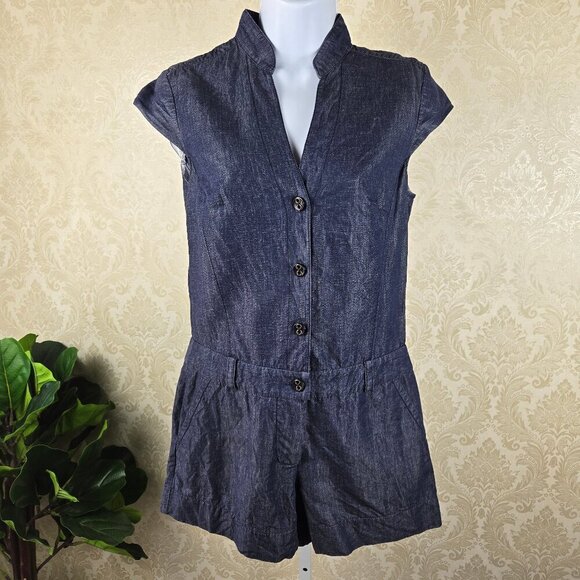 Trina Turk Size Small Blue Romper Cap Sleeve Button Front Zip Fly V-neck - Picture 1 of 14